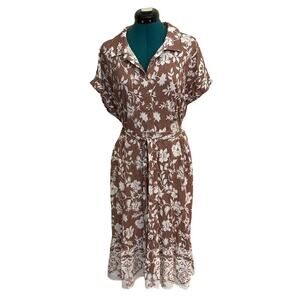 Lucky Brand Floral Shirt Dress Brown Cream Tie Waist Midi Womens 1X NWOT